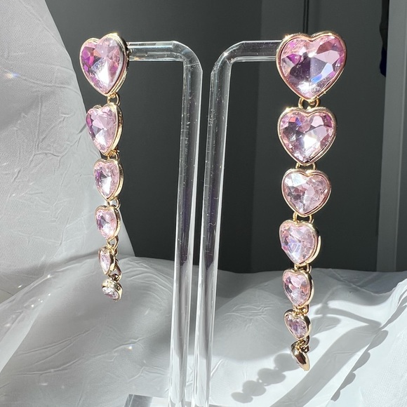 New Light Pink Heart Crystal Long Dangly Drop Earrings Alessandra Rich Style - Picture 4 of 9